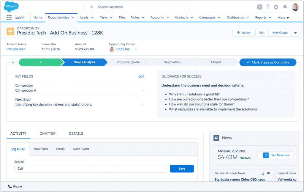 Tela do Sales Cloud, o CRM da Salesforce