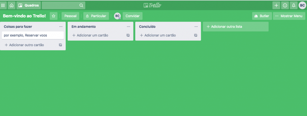 Tela de quadros (boards) do Trello
