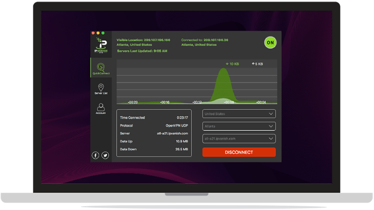 Tela do VPN IPVanish