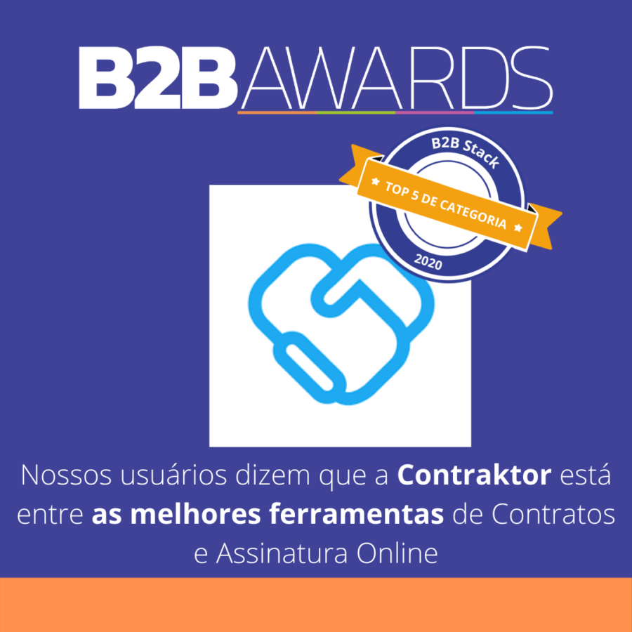 Contraktor na B2B Stack Logo da Contraktor com o selo de vencedora do B2BAwards, com fundo roxo azulado
