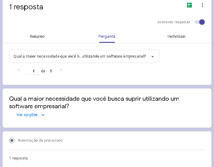 Google Forms na B2B Stack Imagem que mostra todas as respostas do formulário contendo um gráfico redondo na parte debaixo da imagem