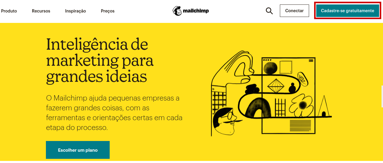 Página inicial do Mailchimp com a cor amarela predominante na tela e com destaque em vermelho na parte superior direita no botão 'cadastre-se gratuitamente'
