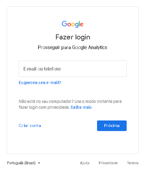 Google analytics na B2B Stack Tela de login no Google Analytics com campo para inserção de email e botão azul no canto inferior direito de cor azul