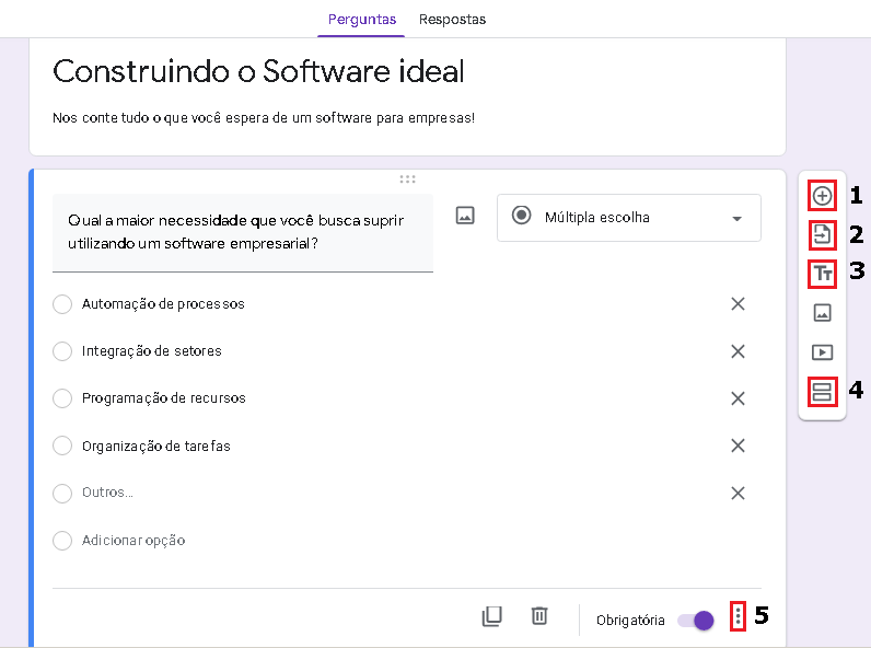 Google forms na B2B Stack Imagem com destaque nos botões no canto direito da tela com marcações em vermelho