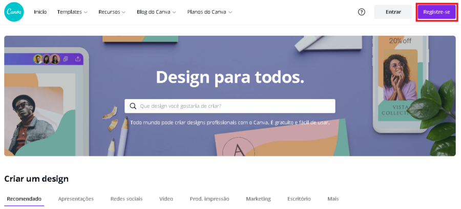 Canva na B2B Stack Imagem da página inicial do Canva com destaque em vermelho no canto superior direito no botão 'registre-se'