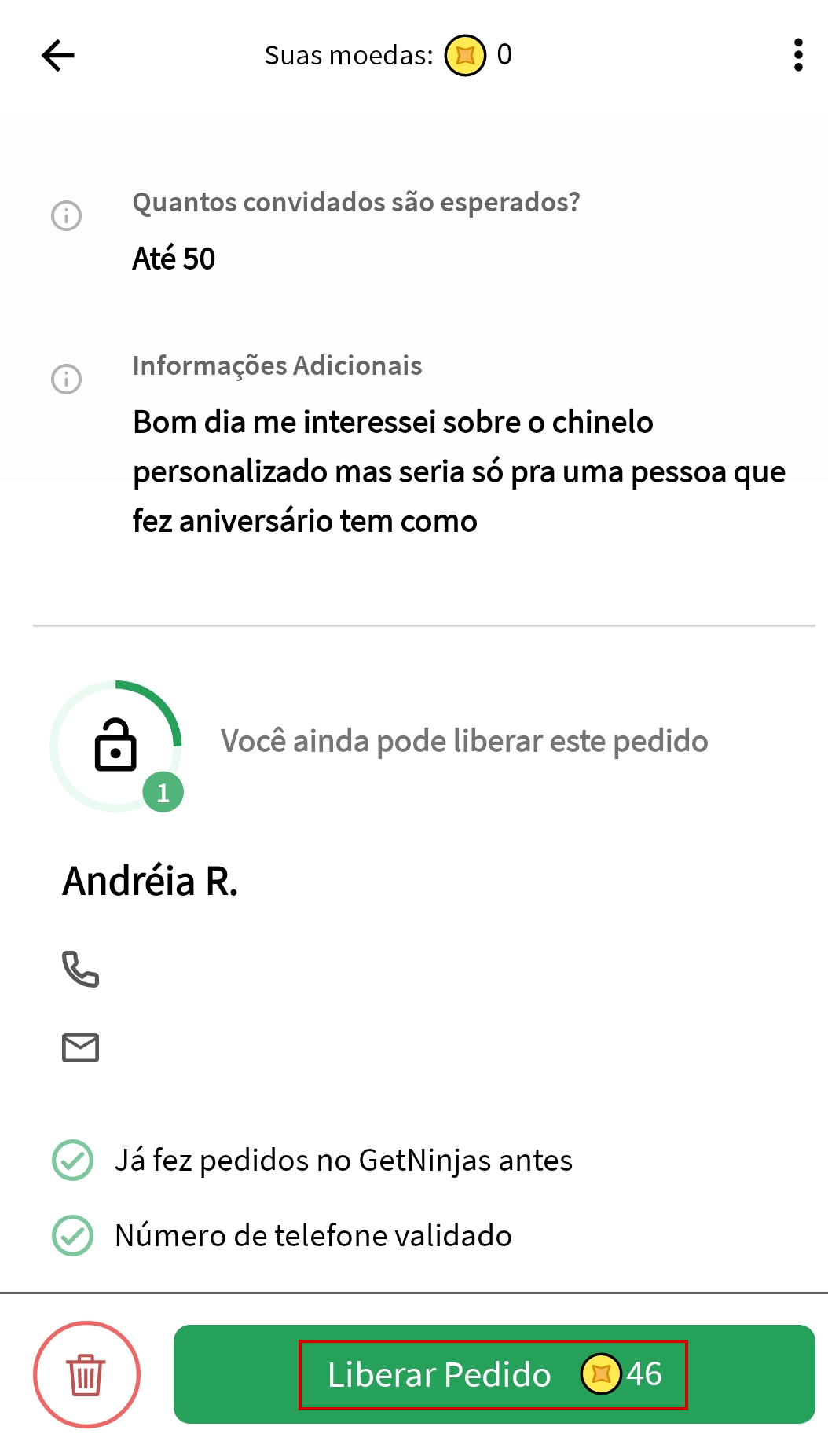Tela do aplicativo GetNinjas com destaque aum botão em cor verde na parte inferior da tela com a mensagem 'Liberar pedido'