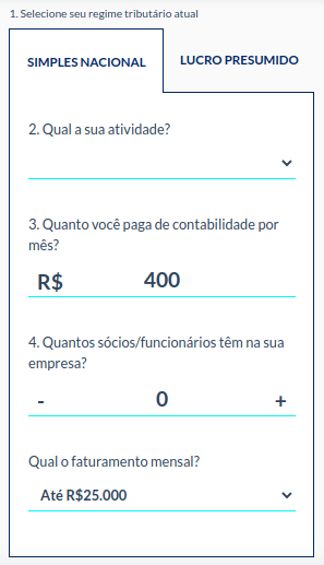 Tela com opção para simples nacional no Contabilizei