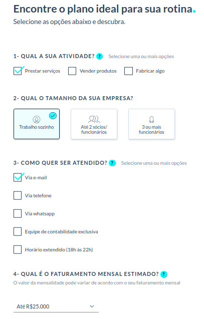 Tela de escolha de planos no contabilizei