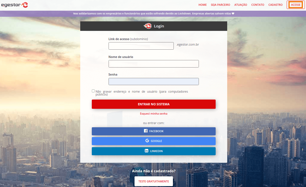 Imagem da tela de login com opção de acesso ao inserir nome e senha no eGestor