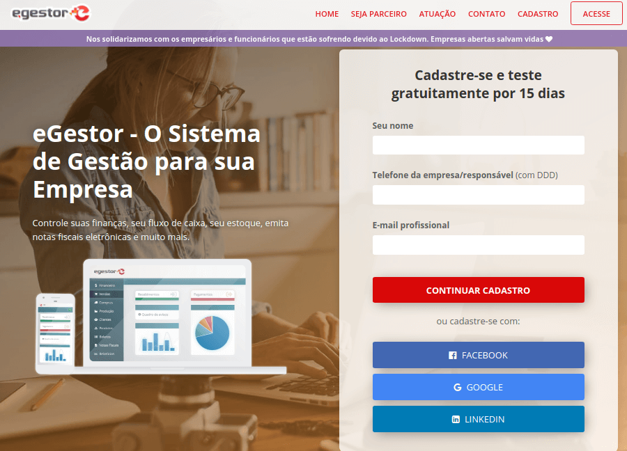 Imagem do formulário de cadastro para teste grátis do eGestor