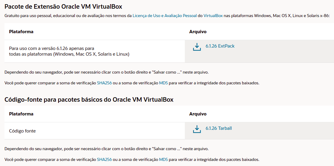 Imagem com diversas opções de configuração dentro do VistualBox