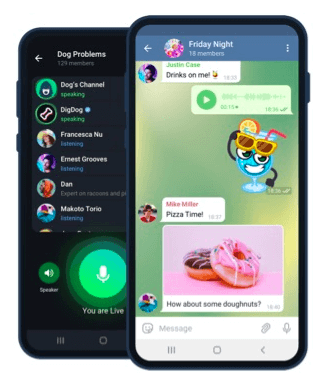 Imagem de dois celulares com telas do Telegram