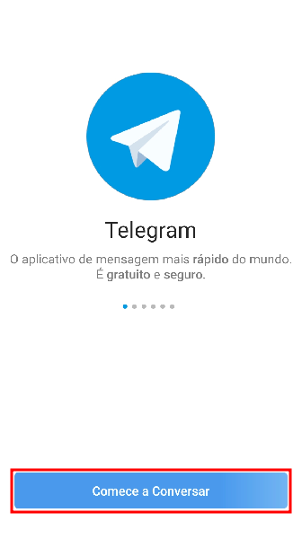 Imagem da tela inicial do Telegram com o logo centralizado na parte de cima de imagem e um botão 'comece a conversar' na parte debaixo. Ambos tem o azul como cor predominante