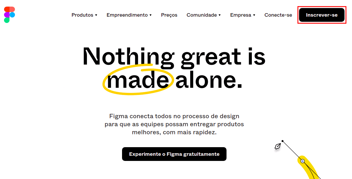 Imagem da página inicial do site do Figma. O tema da página tem as cores branco e preto e a palavra 'made' está circulada com a cor amarela