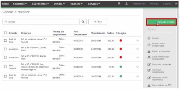 Wirecard na B2B Stack Tela de inclusão de conta com destaque no botão 'incluir conta' no canto superior direito de cor verde