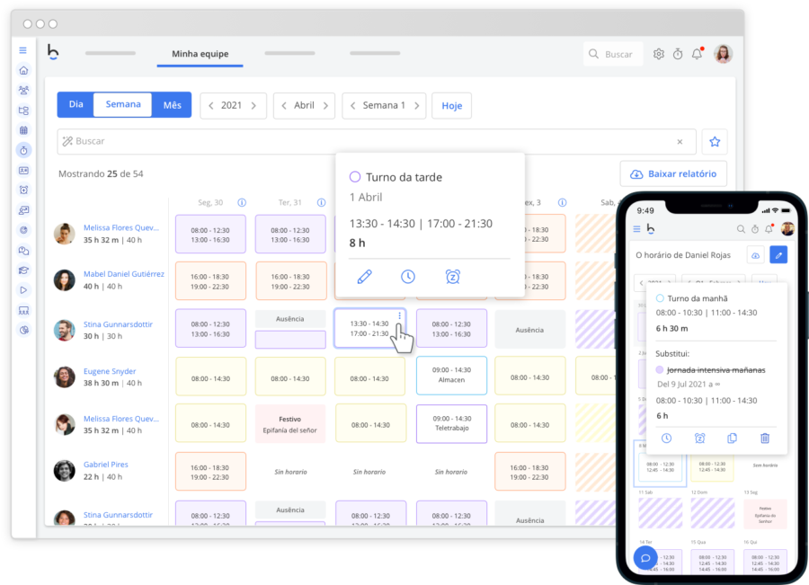 Escalas de trabalho e turnos Bizneo HR