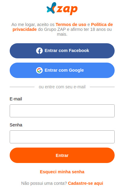 formmulario de login para acesso a plaforma do Zap imóveis com opção de log por Facebook e Google