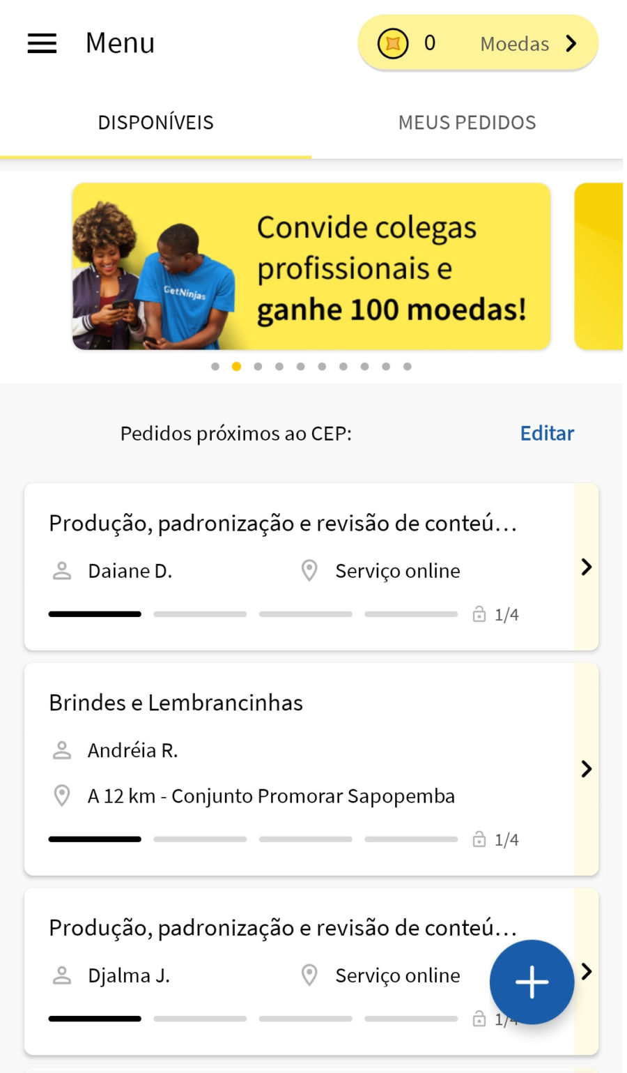 Tela inicial do site Getninjas com um banner no topo em cor amarela com a mensagem 'Convide colegas profissionais e ganhe 100 Reais'