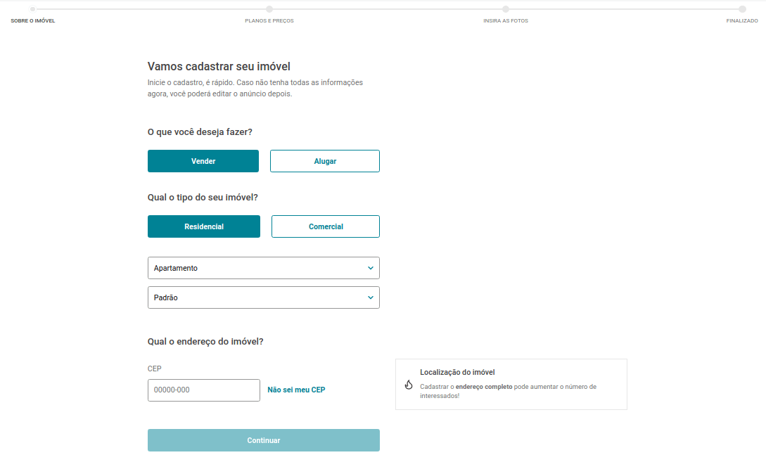formulário para cadastrar um imóvel no site Zap Imóveis