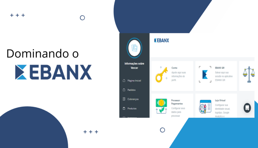 Imagem de destaque com logo da empresa Ebanx à esquerda e imagem do painel do sistema à direita. Detalhes nos cantos com as cores em azul que representam a empresa.