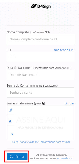 Imagem de um formulário para acesso ao D4Sign com destaque a um botão no canto inferior esquerda com os dizeres 'continuar'