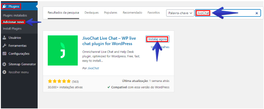 Imagem mostrando a instalação do plugin Jivochat dentro de CSM WordPress