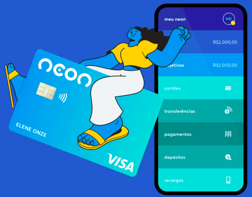 Imagem com ilustração de uma mulher montada em um cartão do Banco Neon e ao fundo, um celular com o aplicativo do banco. O celular está ao lado direito da tela e a cor predominante é a cor azul.