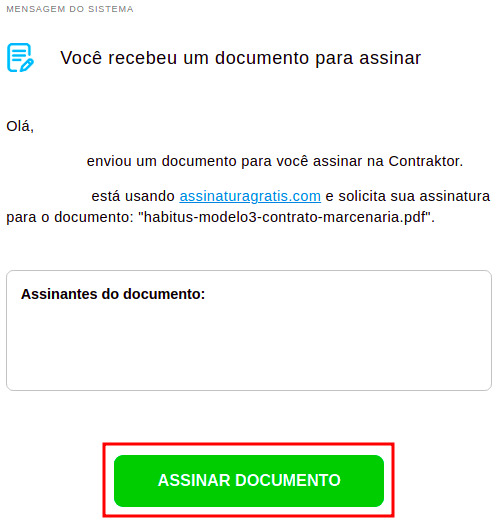 Imagem mostrando uma mensagem informando que o usuário recebeu um documento para assinar. Existe um documento na parte debaixo da cor verde com os dizeres 'assinar documento'