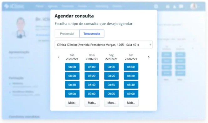 Imagem mostra em primeiro plano um conjunto de datas as quais o usuário deve escolher para agendamento de consulta dentro do Iclinic