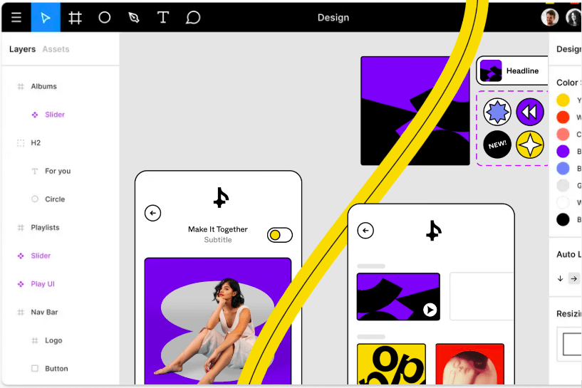 Imagem de uma tela do Figma com ilustrações e uma fita amarela sobrepondo tudo