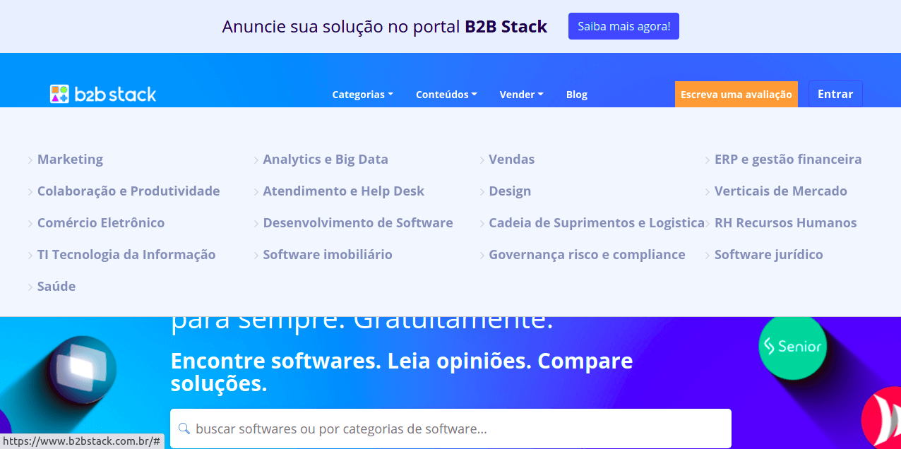 Imagem do site B2B Stack com opções categoria. A página tem tons de azul como cor predominante