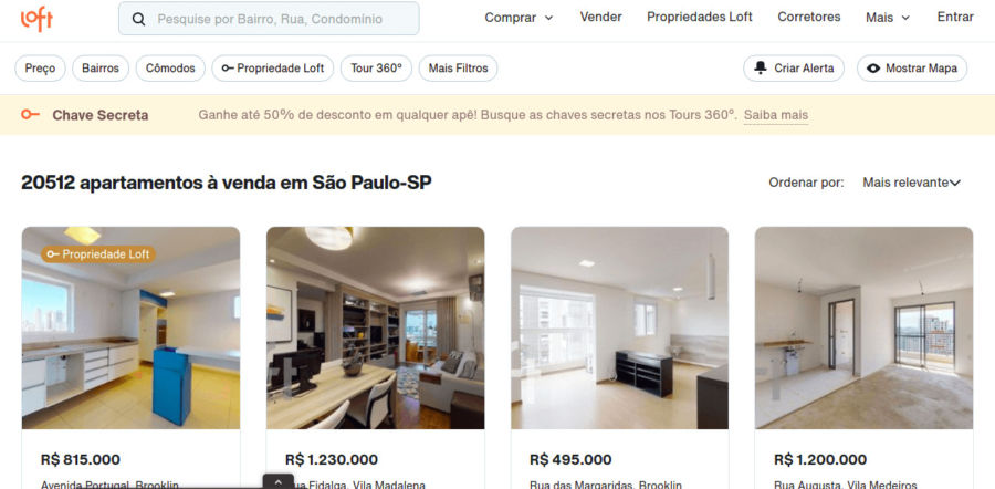 site da Loft mostrando resultados de uma busca sobre apartamentos