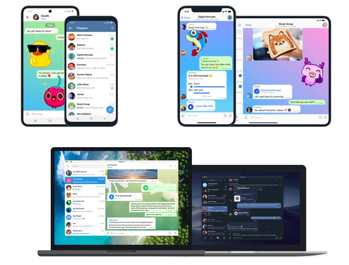 A imagem mostra diversos dispositivos com o aplicativo do Telegram. Acima temos celulares e tablets e abaixo temos notebooks.