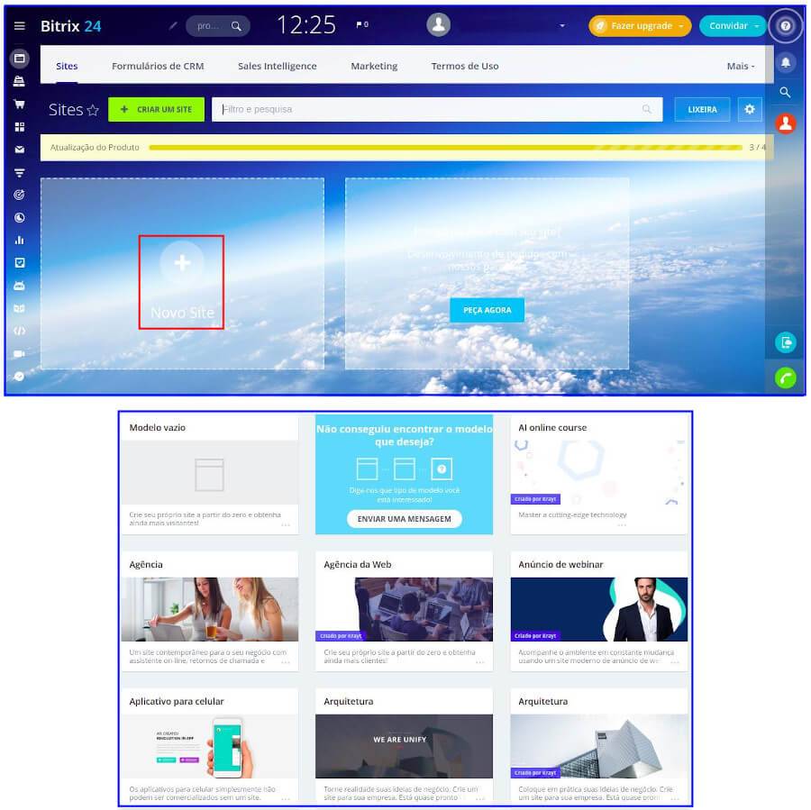 Imagem com duas páginas da Bitrix24. A de cima mostra um painel para criação de landingpage e a segunda, localizada no canto debaixo da imagem com ícones de acesso