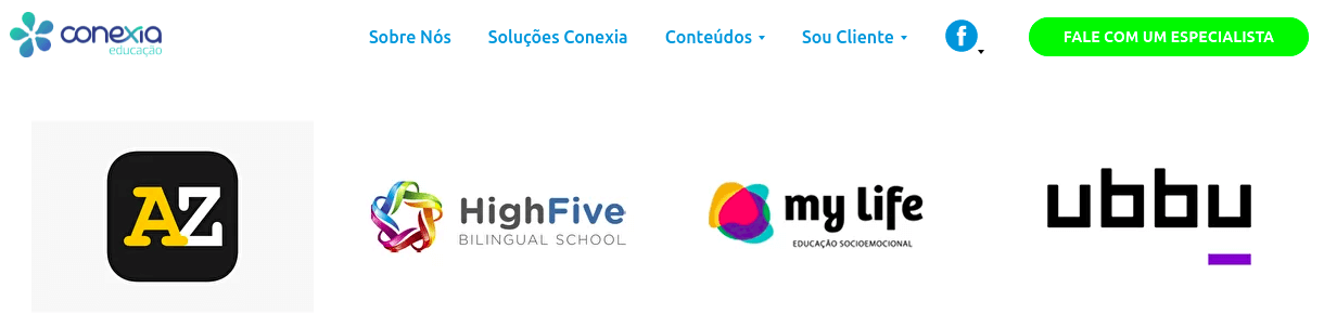 A imagem mostra quatro logos das respectivas soluções da Conexia. Na ordem da esquerda para direita temos: 'AZ', 'high five', 'my life' e 'ubbu'.