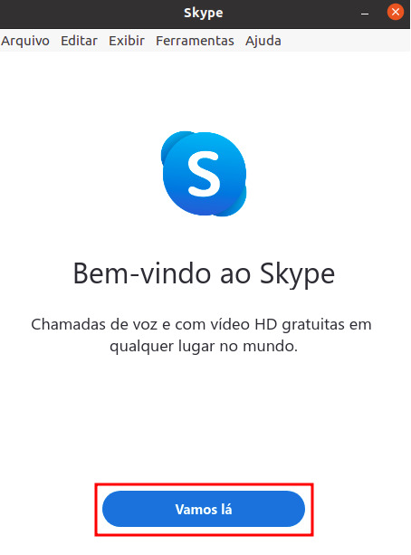Imagem com o logo do Skype ao centro e um botão abaixo 'vamos lá'. Ambos possuem a cor azul.