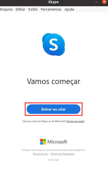 Imagem com o logo do Skype acima e o da Microsoft abaixo Entre os logos temos um botão azul escrito 'entrar ou criar'