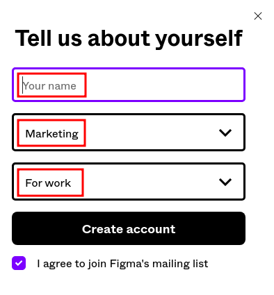 Imagem de um formulário para preenchimento no primeiro acesso na página do Figma