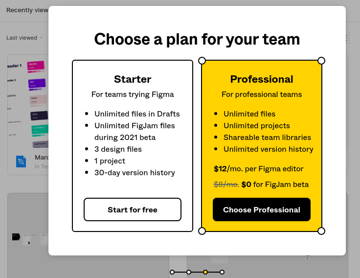 A imagem apresenta duas opções de planos para que o usuário escolhe. Um deles se chama 'starter' e está na esquerda com o fundo branco, e o outro se chama 'professional' e está na direta com fundo amarelo