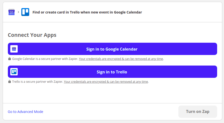 Imagem mostrando o acesso as conexões entre o Google calendar e o Trello no Zapier