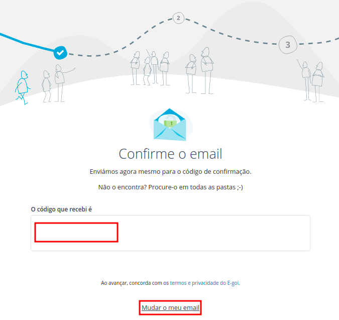 Imagem com uma carta no centro da tela e uma mensagem: 'Confirme o email'. Abaixo um campo para inserção de código que o usuário recebe via email
