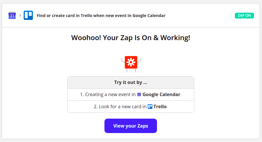 Imagem de confirmação da configuração da integração entre o Google Calendar e o Trello através do Zapier