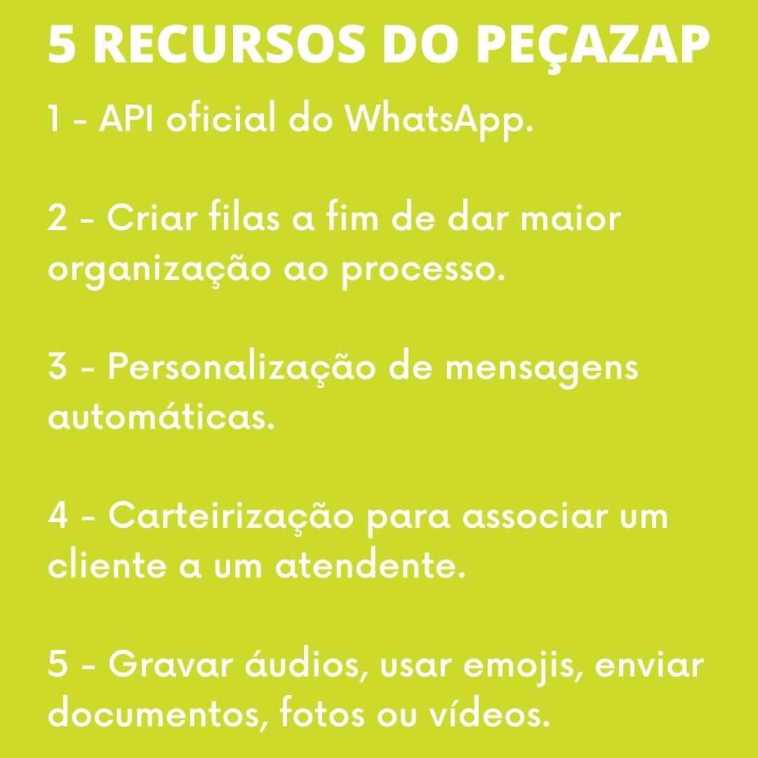 Imagem com fundo verde limão e com informações de recursos do PeçaZAP