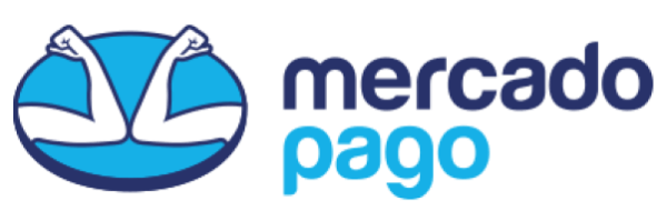 Logo do mercado Pago com um simbolo a esquerda constituído de dois braços se cumprimentando com os ombros dentro de um circulo de cor azul e o nome da empresa a direita em dois tons de azul 