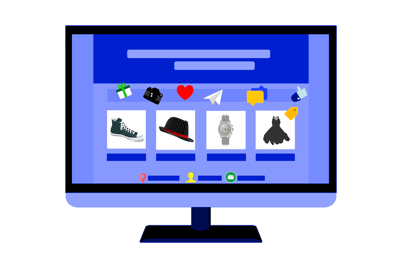 Imagem de um computador mostrando itens para compra. A tela tem o fundo azul e a frente temos um tenis, um chapéu, um relógio e um vestido