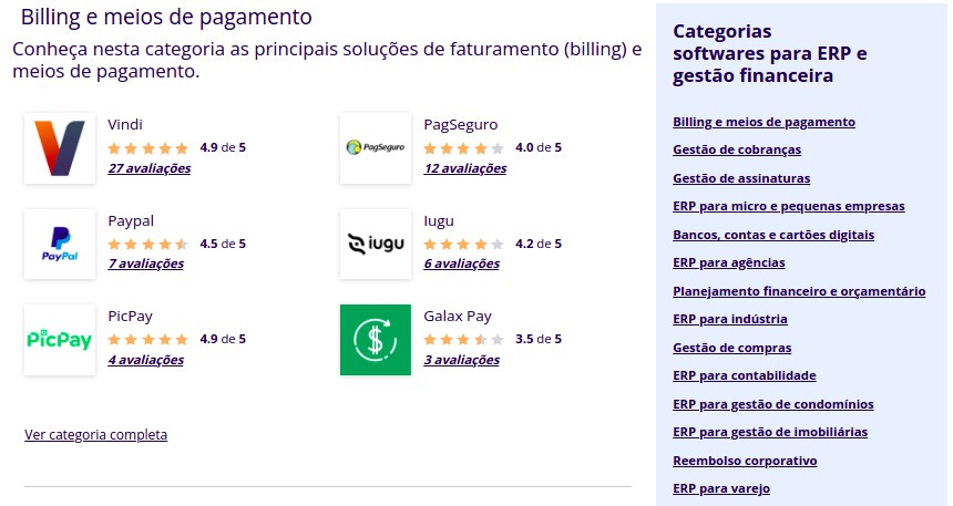 Imagem do site B2B Stack com logos de 6 softwares que estão dentro da categoria de billing e meios de pagamento