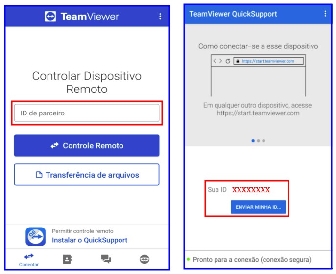 Montagem com as duas primeiras telas do aplicativo do TeamViewer
