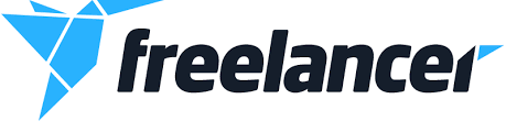 Imagem do logo freelancer com um origami azul a esquerda e o logo escrito em preto