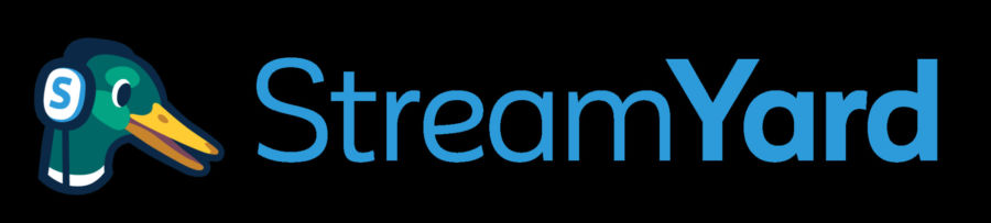 Logo do StreamYard com um desenho de um pato com fone de ouvido a esquerda e o nome da empresa escrito de azul