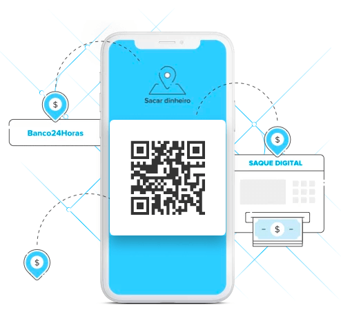 Imagem de um celular com o fundo todo em azul claro e um QR code a frente com explicações de como funciona